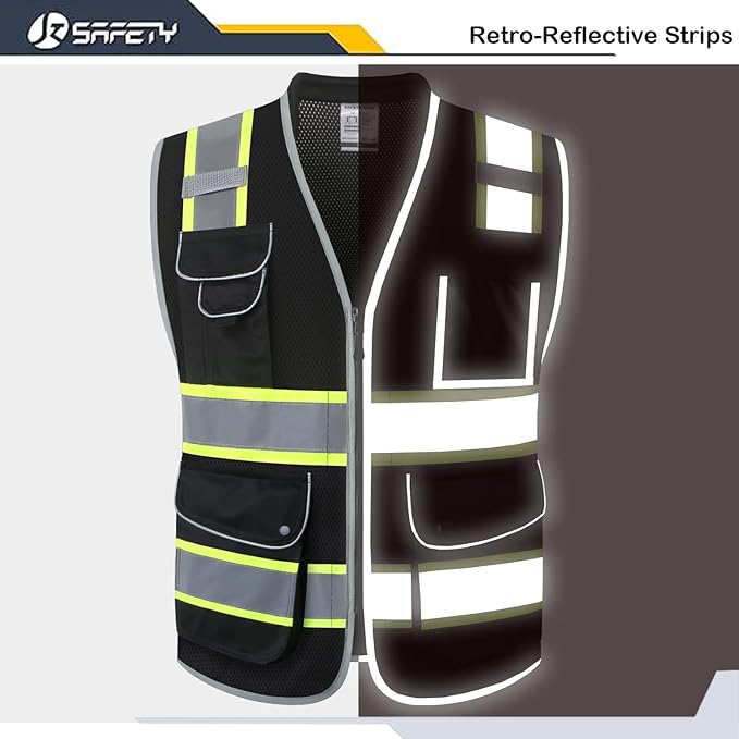 JKSafety 9 Pockets Hi-Vis Black Safety Vest for Men Women High Visibility Reflective Construction Mesh Fabric Cushioned Collar Work Utility PPE Work Gear ANSI/ISEA compliant(101-Black XXL)