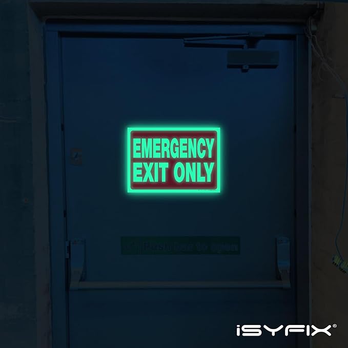 iSYFIX Emergency Exit Only Glow in the Dark Sign Stickers – 6 Pack 10x7 Inch – Photoluminescent Vinyl, Laminated for UV, Weather & Fade Resistance, for Business, School, Office, Warehouse