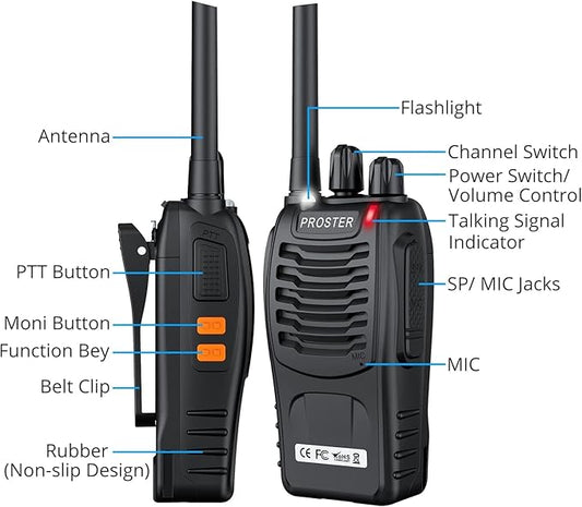Proster Rechargeable Walkie Talkies 1 Pair - Long Range Two Way Radios 16 Channel Handheld Walky Talky, with USB Charger 2 Pack Earpiece Mic for Walkie Talkies