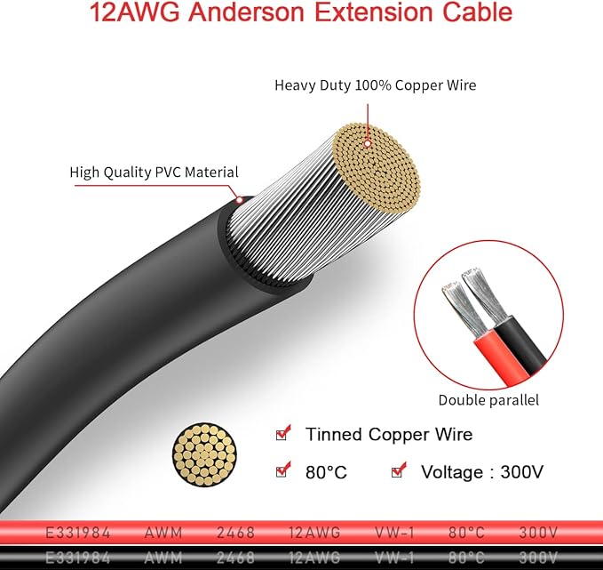 12AWG 6FT Anderson Extension Cable 2 6 10 20 35 50FT Solar Extension Cable Anderson Connector for Portable Power Station Solar Generator Solar Panel (6FT)
