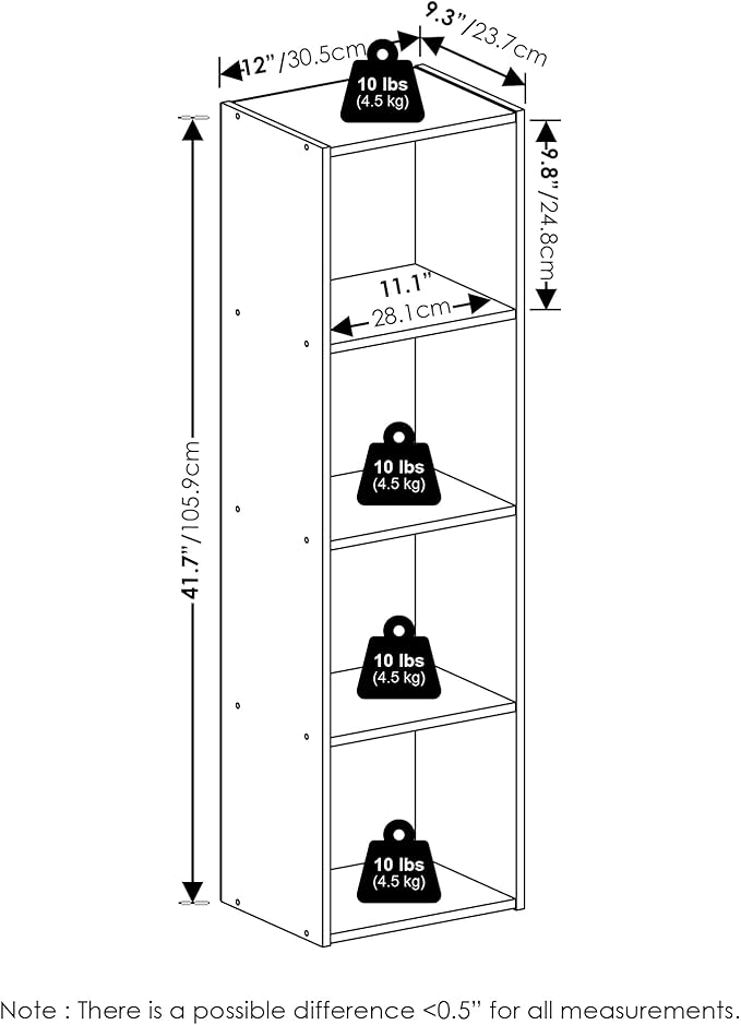 Furinno PASIR Book Shelf, 4-Tier Modern Bookshelf, Open Shelves Bookcase 9 x 12 x 42, for Living Room, Bedroom, Home Office, White