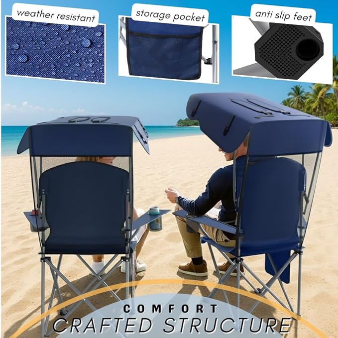 Portable Folding Camping Chairs with Canopy Shade, Beach Chair for Adults, Durable Weather Resistant 600D Oxford Cloth, Camping Chair with Canopy for Outdoors [Navy-2 Pack]