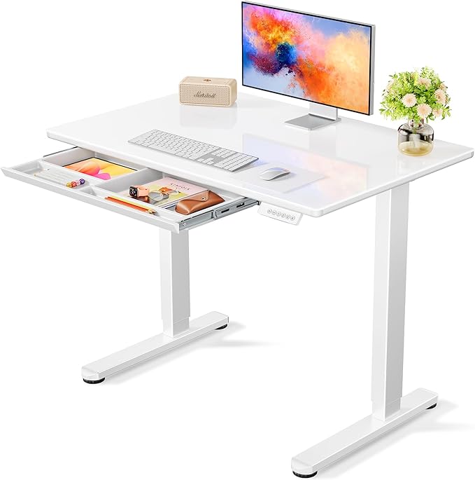 Marsail Glass Electric Standing Desk with Drawer, 37 x 22 Inches Height-Adjustable Desk, One-Piece Tempered Glass Top, Ergonomic Home Office Sit Stand Desk with 4 Preset Heights, White