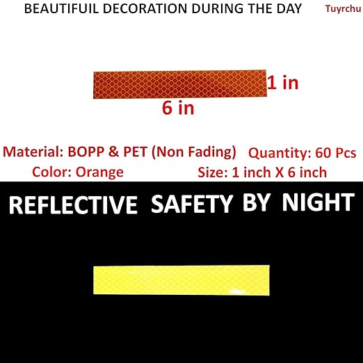 Orange Reflective Stickers 1 inch X 6 inch, Outdoor Waterproof High Visibility Warning Safety Adhesive Reflector Tape (60 Pcs)