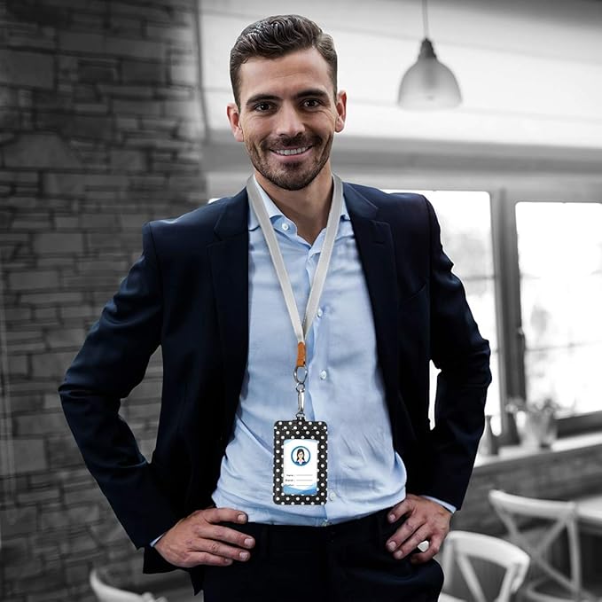 Polka Dot ID Badge Holder with Lanyard, Vertical Leather ID Badge Card Holder for Office Staff, School Teacher and Student