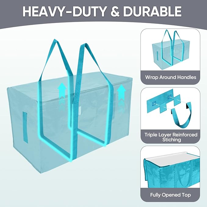 TICONN 8 Pack Extra Large Moving Bags with Zippers & Carrying Handles, Heavy-Duty Storage Tote Moving Boxes for Space Saving (8 Pack, Aqua)