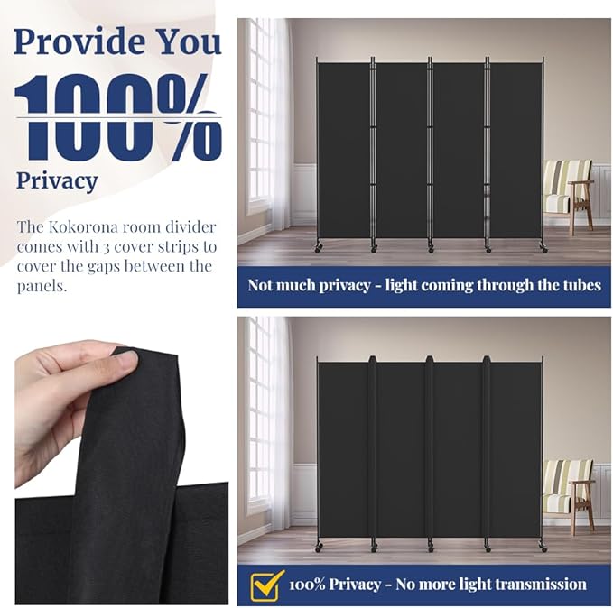 Kokorona 4 Panel Room Divider, 6FT Tall Rolling Privacy Screen with Lockable Wheels, Folding Wall Dividers Portable Room Divider for Room Separation, Included - Cover Strips, Black, 88''W x 70''H