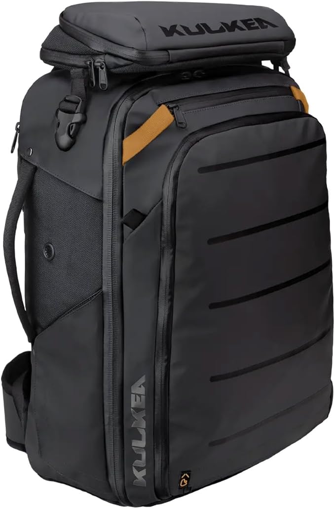 Käydä 44L Travel Backpack - Spacious Carry On Backpack with Detachable Travel Pouch, Magnetic Water Bottle Pocket, Passport and Laptop Pocket - Convertible Boot Bag for Snow Sports (Black/Gold)