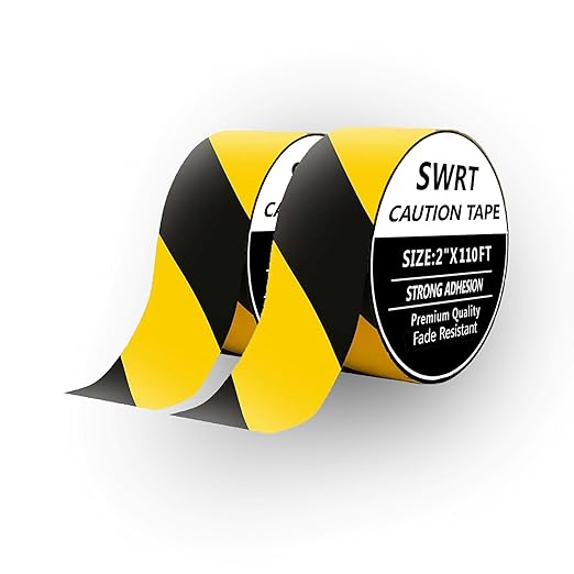 SWRT 2 Roll 2 Inch x 110FT Black & Yellow Hazard Tape Warning Safety Stripe Tape for Floor Marking, Strong Adhesive Wear Resistance Warterproof Caution Tape Roll Ideal for Walls, Floors(2 Roll)