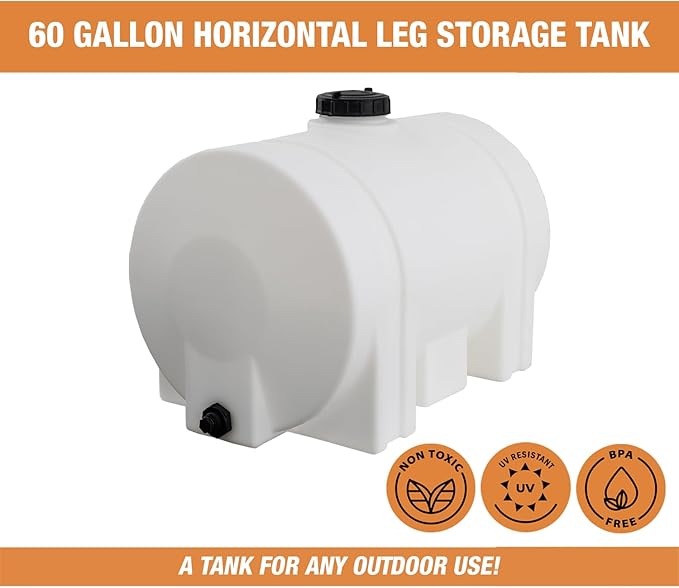 RomoTech 60 Gallon Polyethylene Storage Tank with Legs–Heavy-Duty Horizontal Water Storage Tank for Farms, Industrial or Chemical Use–UV-Resistant, Rustproof, BPA-Free Plastic Liquid Tank, 82123939