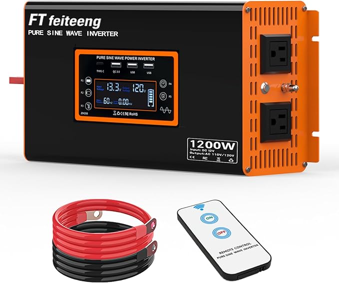 2400w Inverter, 1200w Pure Sine Wave Inverter, 12v to 110v/120v Ac Car Inverter, Peak 2400w, Power Inverter with Type-C Port Dual AC Power Outlets 3 USB Ports LCD Display Wireless Remote Control
