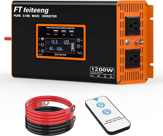 2400w Inverter, 1200w Pure Sine Wave Inverter, 12v to 110v/120v Ac Car Inverter, Peak 2400w, Power Inverter with Type-C Port Dual AC Power Outlets 3 USB Ports LCD Display Wireless Remote Control