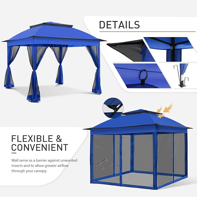 COOS BAY 11x11 Pop-Up Instant Gazebo Tent with Mosquito Netting Outdoor Canopy Shelter with 121 Square Feet of Shade (Blue)