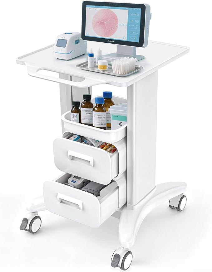 Medical Trolley Cart with Drawers, Hospital Mobile Ultrasound Cart with Trays&4 Silent Swivel Wheels,220 LBS Load Portable Storage Drawer for Hospital, Dental Clinic,Beauty Salon (White/Double drawer)