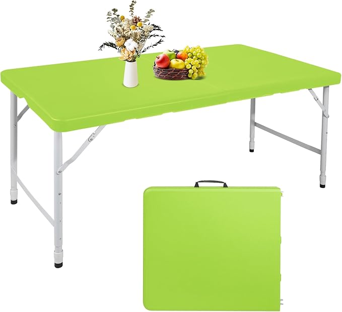 Portable 4Ft Adjustable Height Plastic Folding Table, Heavy Duty Fold-in-Half Table with Carrying Handle, Small Utility Foldable Table for Picnic Party Camping BBQ, Indoor/Outdoor (Green)