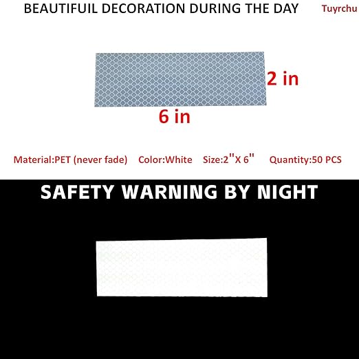 Non Fading White Reflective Stickers 2 inch X 6 inch, Outdoor Waterproof High Visibility Warning Safety Adhesive Reflector Tape (50 Pcs)