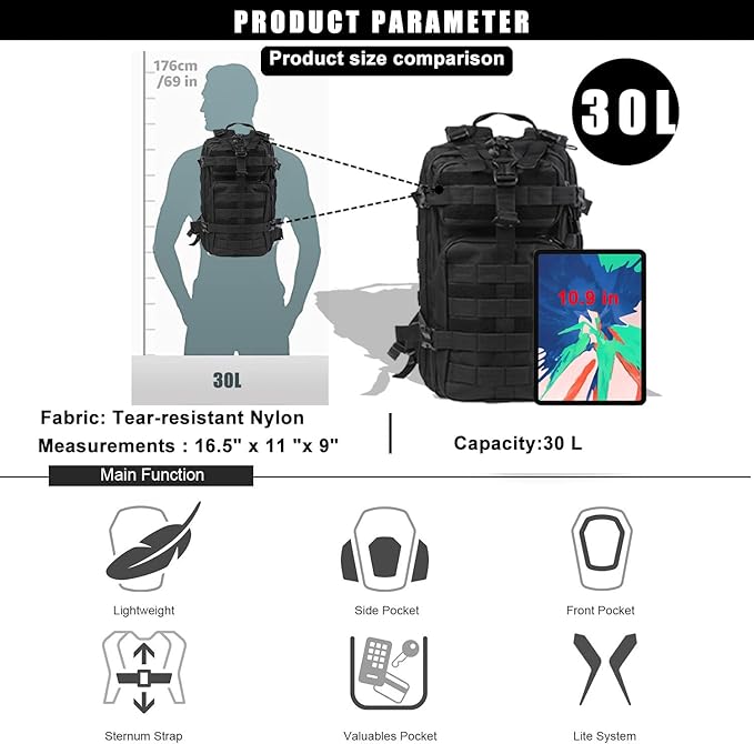 Small Tactical Backpack Military Daypack - 30L Backpack for Men Molle Assault Pack Bug Out Bag for Hiking Camping Travel Army Hunting Rucksack Trekking (Black)