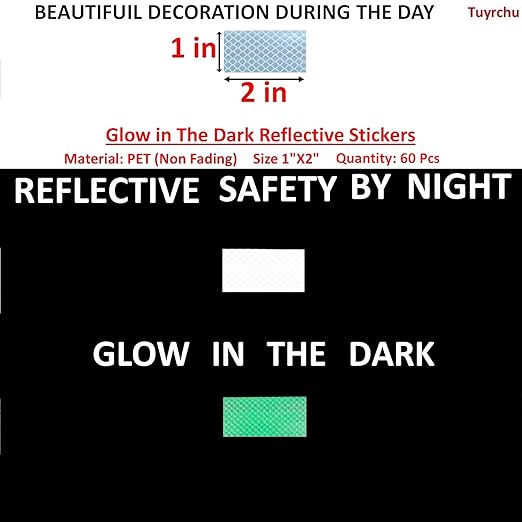 Glow in The Dark Reflective Stickers 1 inch X 2 inch for Truckskes, Warning Strong Safety Adhesive Reflective Strips (60 Pcs)