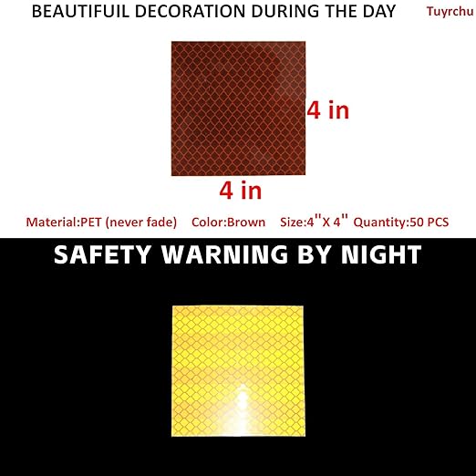 Non Fading Brown Reflective Stickers 4 inch X 4 inch, Outdoor Waterproof High Visibility Warning Safety Adhesive Reflector Tape (50 Pcs)