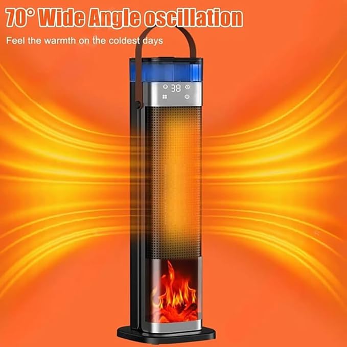 Tower Heater for Bedroom with Thermostat, Spray Humidification, 3D Simulated Flame, 3 Heating Modes, 12H Timer, 360°Protection, Portable Battery Powered Heaters for Indoor Use Large Room & Office