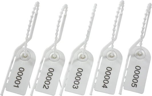 200 Plastic Security Seals Secure Anti-Tamper Fire Extinguisher Tags Numbered Zip Ties Inspection Tags Breakable Label Tags Pull Tite Safey Tags for First Aid Kits, Clothes,Bags (White)