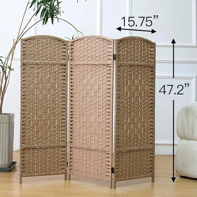 3 Panel Rattan Divider Short Room Partition Screen,Double Sided Folding Divider for Room Separation,Light Brown,47.2" H x 47.2" W