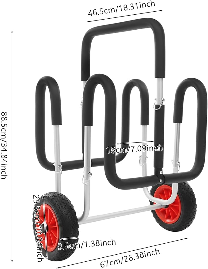 Kayak Cart, Heavy Duty Folding Canoe Transport Trolley with 10" Solid Wheels for Beach, 176lbs Capacity Carrier Stand Up Paddle Surfboard Trolley for 2 Kayaks, SUPs, Surfboards & Small Boats, Black