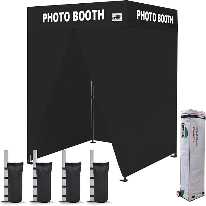Eurmax USA 5'x5' Flat Top Pop-up Canopy Portable Photo Booth Tent for Events Wedding Photobooth for Professional Photos Photo Booth System with Roller Bag，Bonus 4 SandBags (Flat Printed Black)