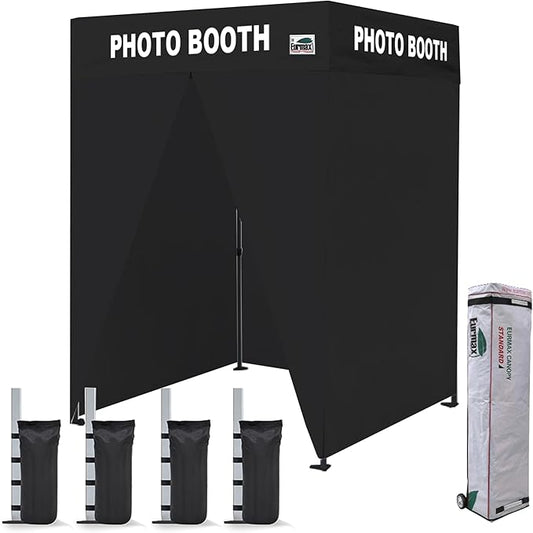 Eurmax USA 5'x5' Flat Top Pop-up Canopy Portable Photo Booth Tent for Events Wedding Photobooth for Professional Photos Photo Booth System with Roller Bag，Bonus 4 SandBags (Flat Printed Black)