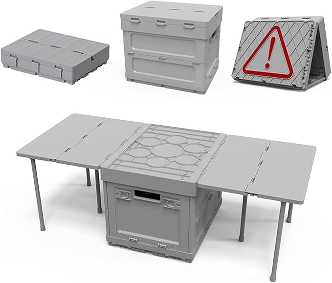 Folding Storage Camping Box with Table,3 in 1 Lightweight Camp Storage Box with Parking Warning Sign,Portable Foldable Compartment Table for Indoor, Outdoor, Fishing, BBQ, Picnic, Gray