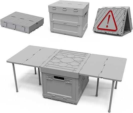 Folding Storage Camping Box with Table,3 in 1 Lightweight Camp Storage Box with Parking Warning Sign,Portable Foldable Compartment Table for Indoor, Outdoor, Fishing, BBQ, Picnic, Gray