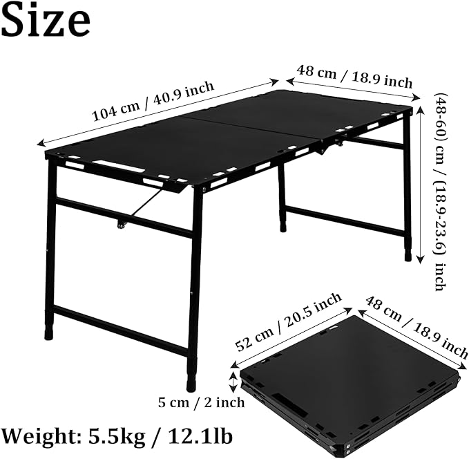 Camping Folding Table Tactical Table with 5 Adjustable Heights (40.9" L x 18.9" W) Portable Outdoor Folding Table with Carry Handle, Bonus Storage Bag for Camping, Picnic, Party