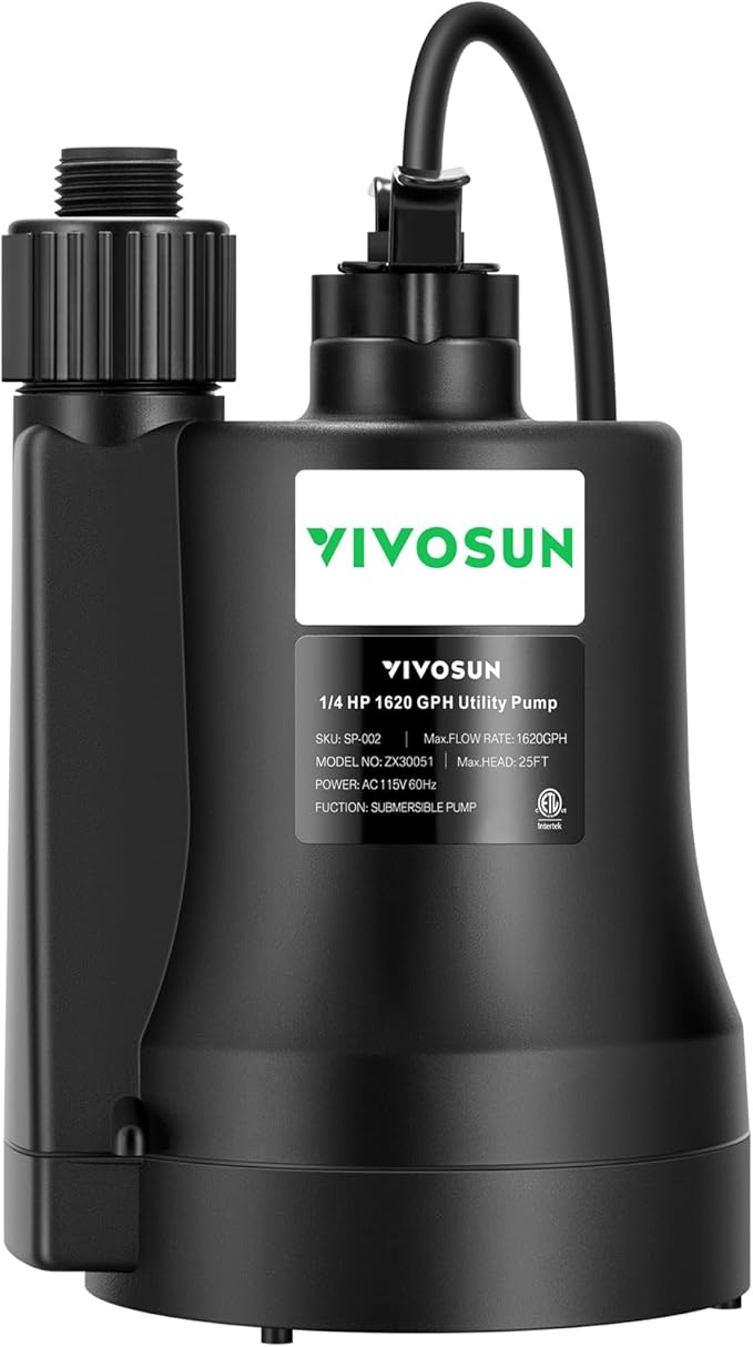 VIVOSUN Submersible Water Pump, 1/4HP 1620GPH Utility Pump, Thermoplastic Sump Pump with 10ft Cable, Compact and Portable, Ideal for Ponds, Basements, Swimming Pools, Hot Tubs Draining