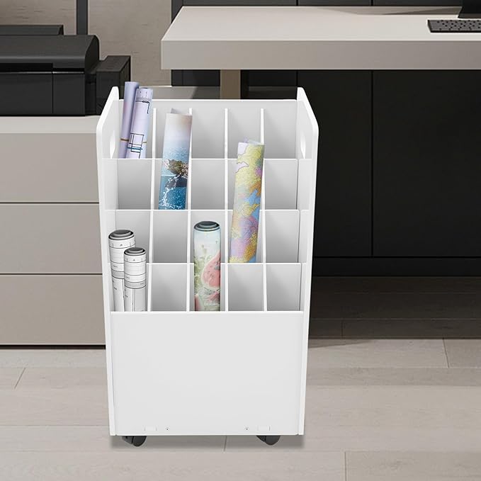 Blue Print Storage Organizer, 20 Slot Mobile Roll File Cart, Construction Plan Holders, Blueprint Cabinet with Wheels for Office Home Library
