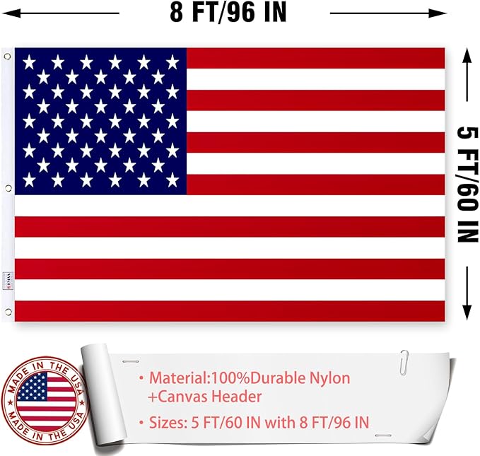 Embroidered American US Flag 5x8 Outdoor Made in USA - Double Sided Heavy Duty Vivid Color United States Flag Banners with 3 Brass Grommet
