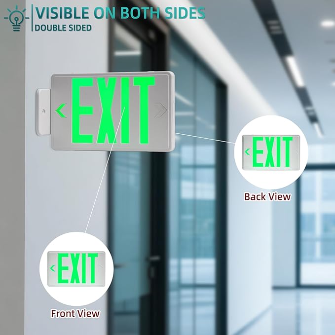 Green Exit Sign, LED Emergency Exit Sign with Battery Backup, Commercial Emergency Exit Light Combo for Business, 2 Adjustable Heads,120V/277V AC, UL-Listed, 4 Pack