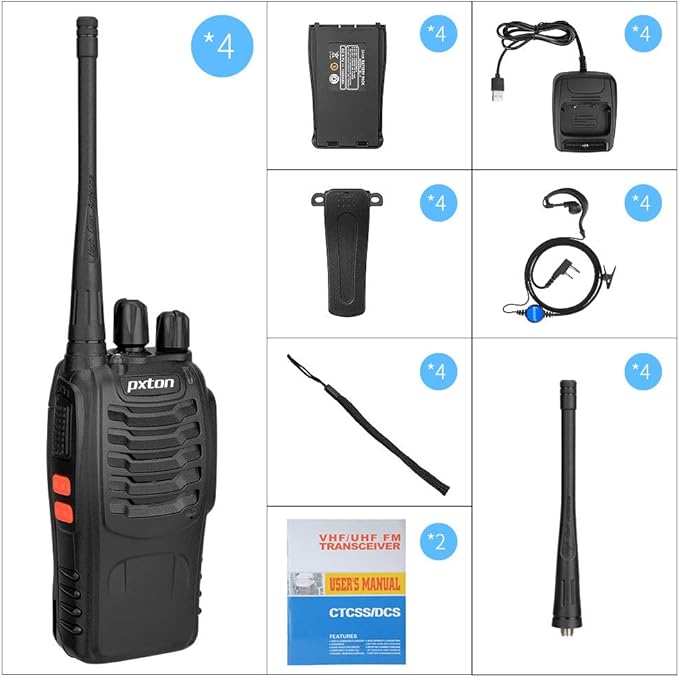 pxton Rechargeable walkie talkies for Adults with Upgraded Earpieces and Li-ion Battery,Two Way radios has VOX/TOT/Emergency Alarm/Battery Low Alert/Flashlight/Scan Function（4 Pack）