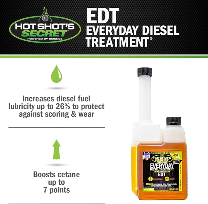 Hot Shot's Secret Everyday Diesel Treatment (HSSEDT16ZS) 6-in-1 Diesel Fuel Additive - Treats 400 Gallons, Diesel Injector Cleaner, Diesel Fuel System Cleaner, Diesel Additive Boosts Cetane, 16oz