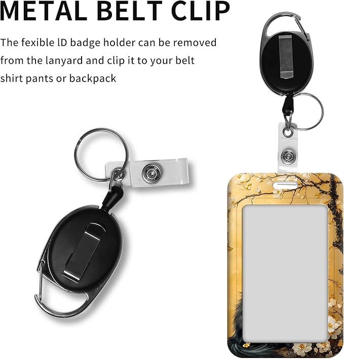 ID Badge Holder with Retractable Lanyard for Women & Men,Vertical ID Card Holder Wallet,Clear Window&Card Slot,Detachable Neck Strap for Nurse Teacher Office,Black Cat Golden Blossoms