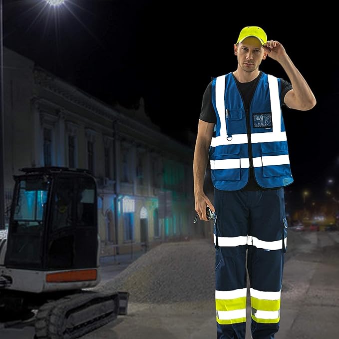 A-SAFETY Blue High Visibility Vest Reflective Safety Vest,Hi Vis Bright Neon Color with 4 Reflective Strips 7 Pockets,XXXL