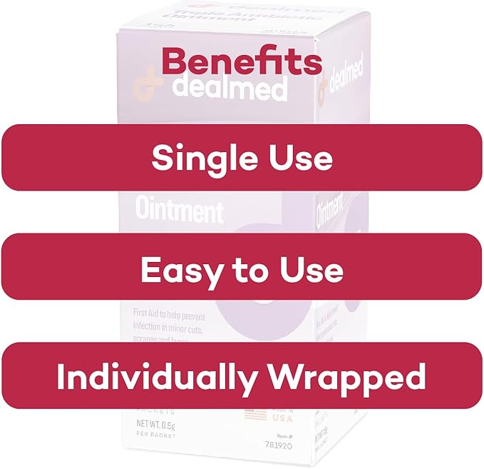 Dealmed Triple Antibiotic Ointment – Single-Use Packets for Instant Relief from Cuts, Scrapes and Burns, 144 Packets/Box (.5g) - Case of 12