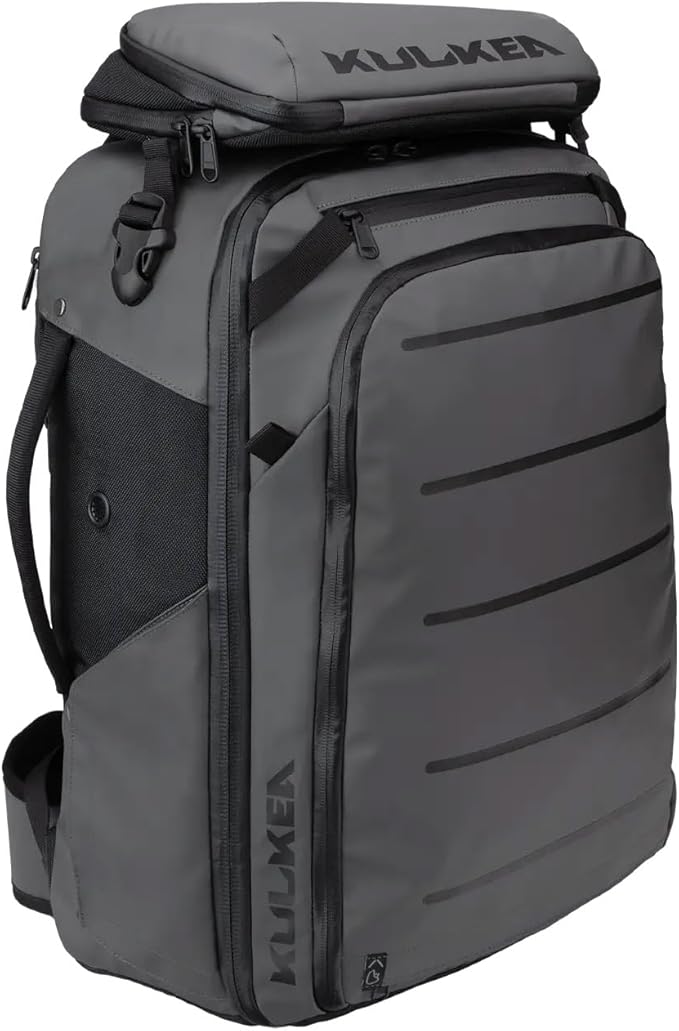 Käydä 44L Travel Backpack - Spacious Carry On Backpack with Detachable Travel Pouch, Magnetic Water Bottle Pocket, Passport and Laptop Pocket - Convertible Boot Bag for Snow Sports (Grey/Black)