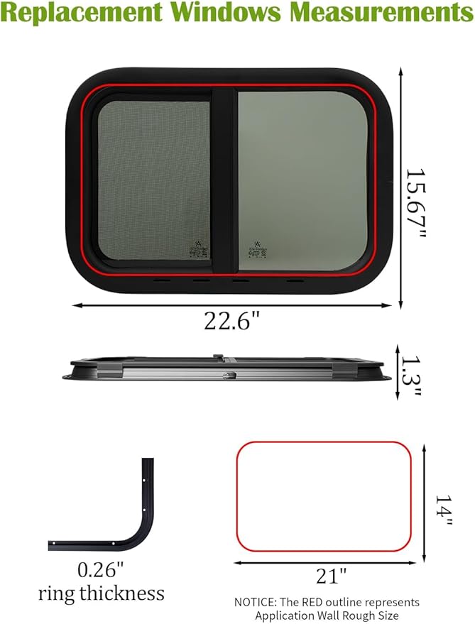 21"x14" RV Sliding Window - Horizontal Teardrop Style, DOT-Certified Tempered Glass & Trim Kit, Aluminum Alloy Frame w/Mesh Screen