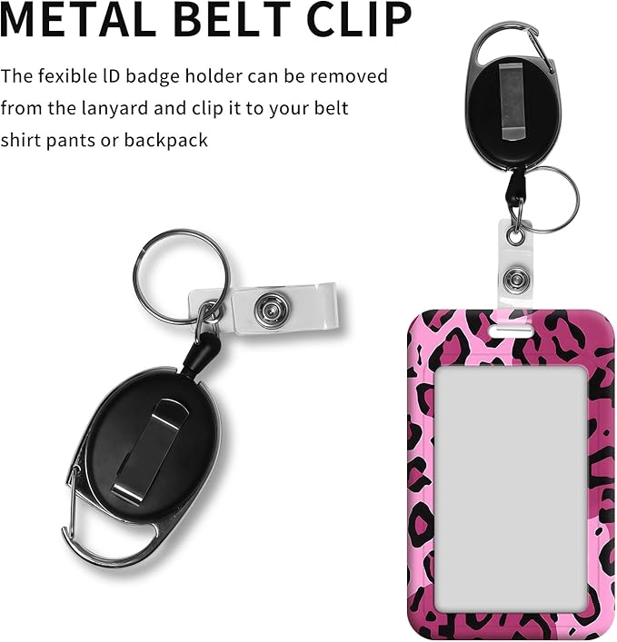 ID Badge Holder with Retractable Lanyard for Women & Men,Vertical ID Card Holder Wallet,Clear Window&Card Slot,Detachable Neck Strap for Nurse Teacher Office,Pink Leopard Print