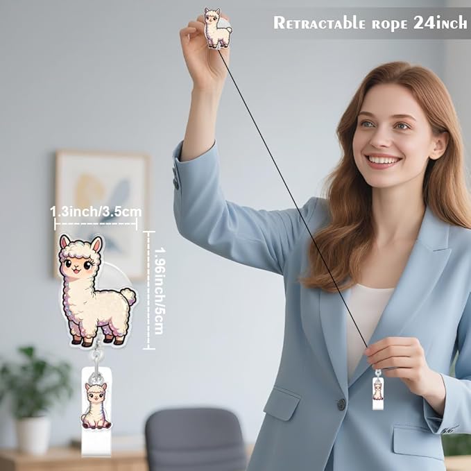 Cute Alpaca Badge Reel for ID Card, Funny Animal Alpaca Retractable Nurse Alligator Clip Badge Reel for Women, ID Name Tag Badge Holder for Office School Hospital Nurses Doctors Teachers