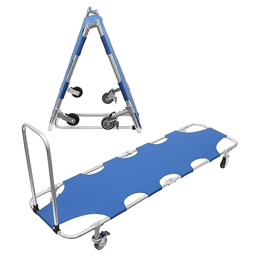 Folding Stretcher for Emergency w/Trolley 4 Wheels & Straps, Aluminum Alloy Portable Emergency Medical Stretcher for Hospital Clinic Home Sports Venues Ambulance