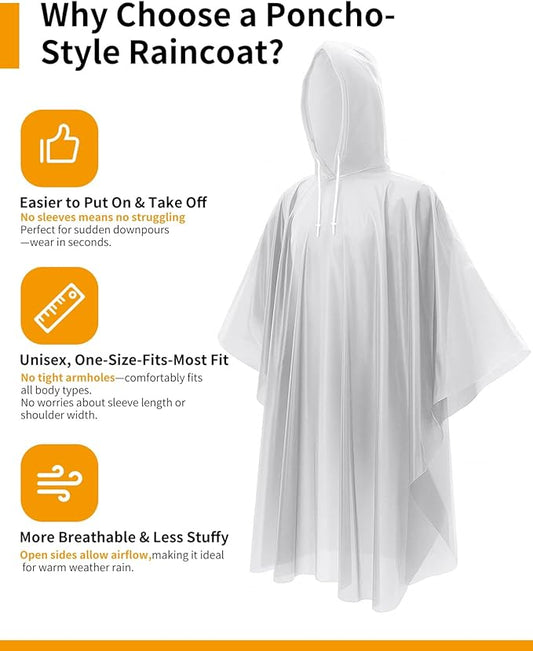 Hitituto Rain Ponchos Family Pack Kids– 6/12/24 Pack Disposable Poncho with Hood, Clear & Assorted Colors, Home Survival Kits