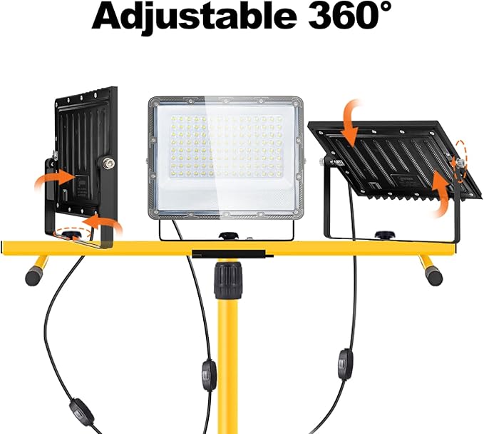45000 Lumen LED Work Light with Stand, 3-Head Adjustable Lights with 16.5FT Extended Cord, IP65 Waterproof Work Lamp for Indoor & Outdoor Job Sites, Workshops, Construction, Garage Lighting