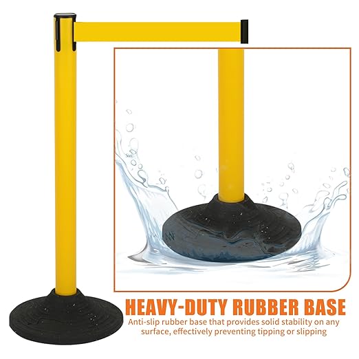 41" Yellow Crowd Control Stanchion Set, Stable Heavy-Duty Rubber Base with 10 Feet Retractable Belt Crowd Control Barriers, Retractable stanchions for Outdoor Safety (6 Pack)