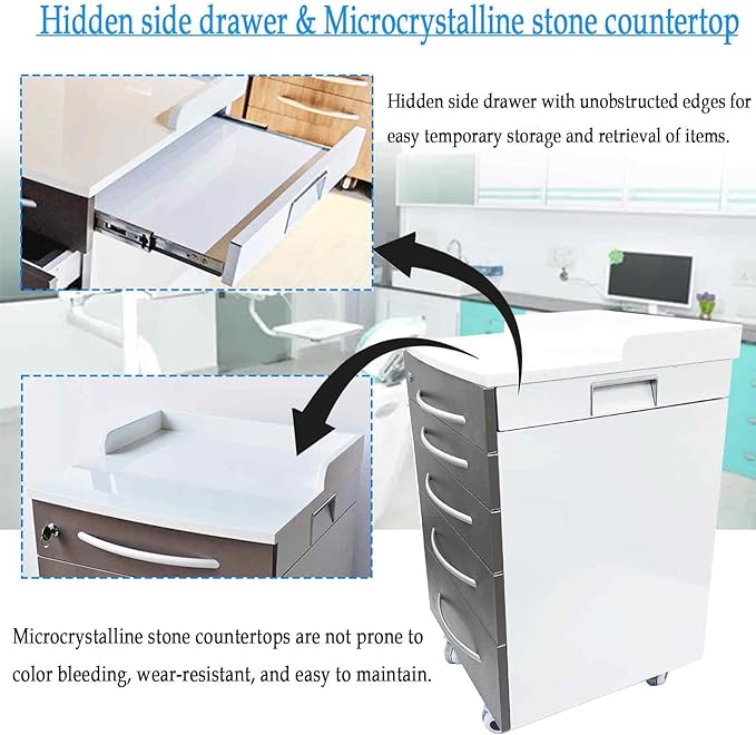 5 Drawers Dental Storage Cabinet with Dividers, Stainless Steel Cabinet Mobile Cart, Dental Mobile Cart with Wheels, for Clinics, Hospitals and Offices, Lockable